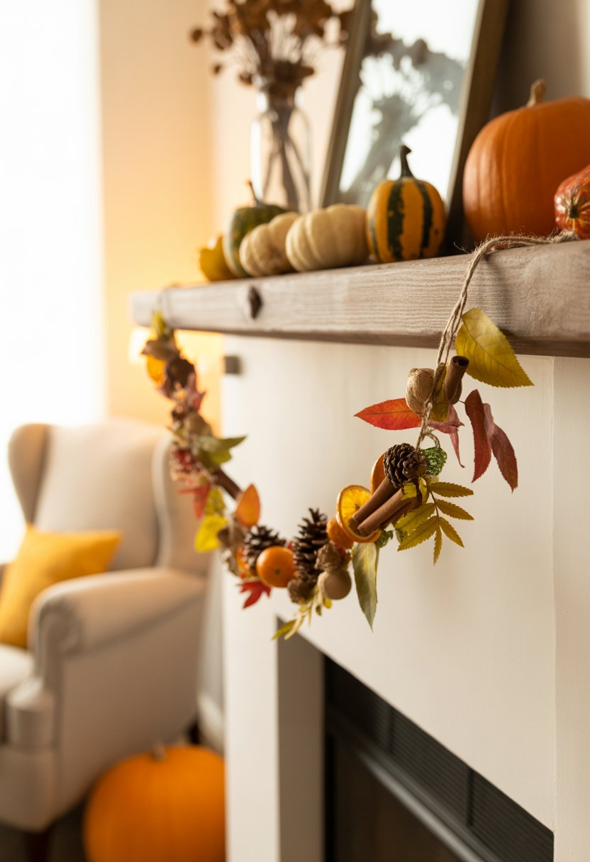 A cozy indoor scene with a fall garland made of leaves, pinecones, dried orange slices, and cinnamon sticks hanging on a wooden mantel above a fireplace, surrounded by pumpkins and dried flowers.