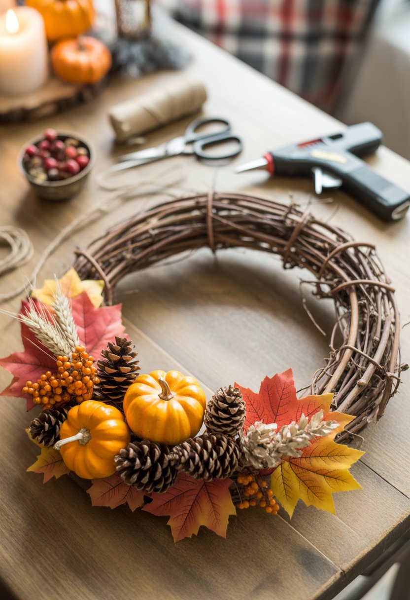 A grapevine wreath decorated with pumpkins, pinecones, and autumn leaves on a wooden table surrounded by crafting supplies.