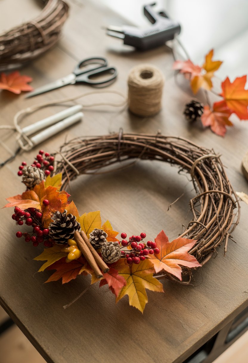 A partially completed grapevine wreath decorated with fall leaves, pinecones, and berries on a wooden table surrounded by crafting supplies.