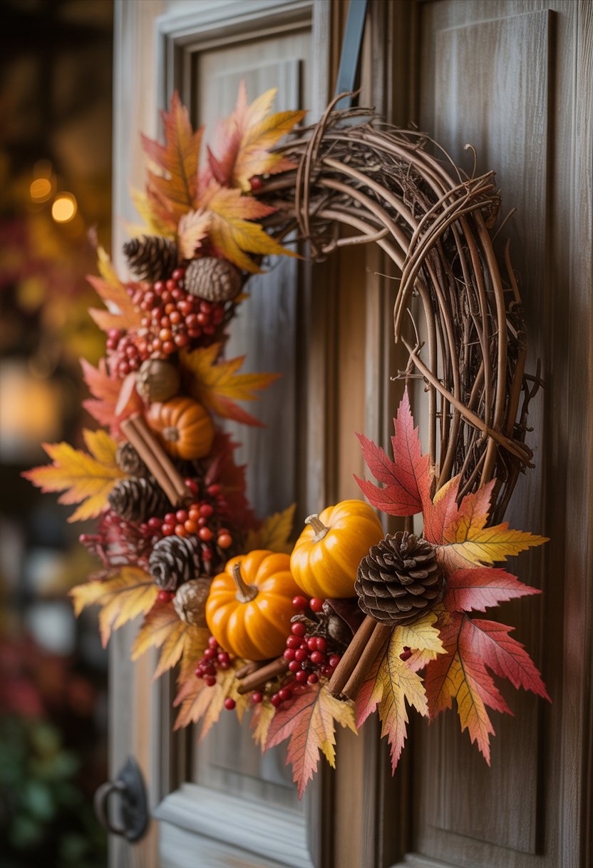 A fall grapevine wreath decorated with autumn leaves, pumpkins, pinecones, and berries hanging on a wooden door.
