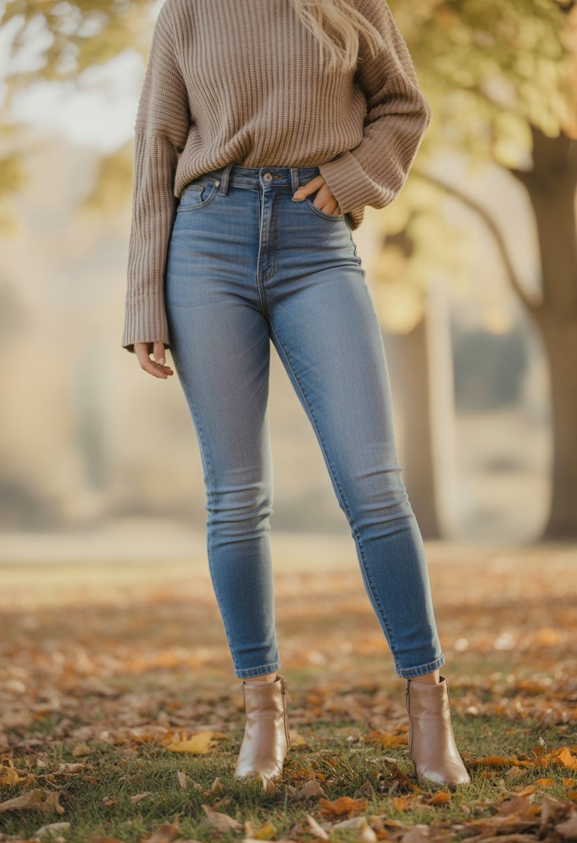 A woman standing outdoors wearing high-waisted skinny jeans, a chunky knit sweater, and ankle boots in an autumn setting with fallen leaves.