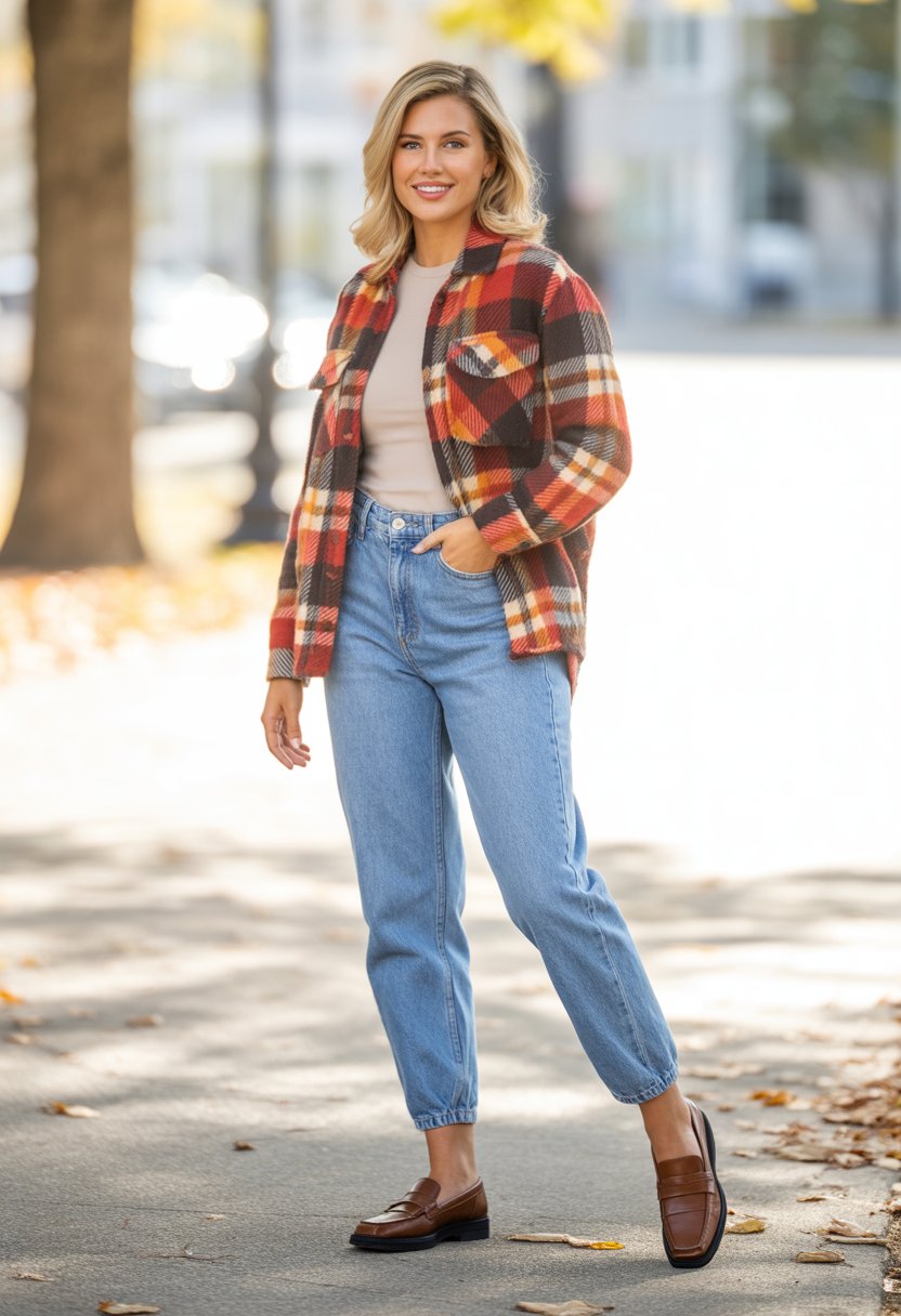 A woman stands outdoors wearing light blue jeans, a plaid shirt, and brown leather shoes with fallen leaves around her.
