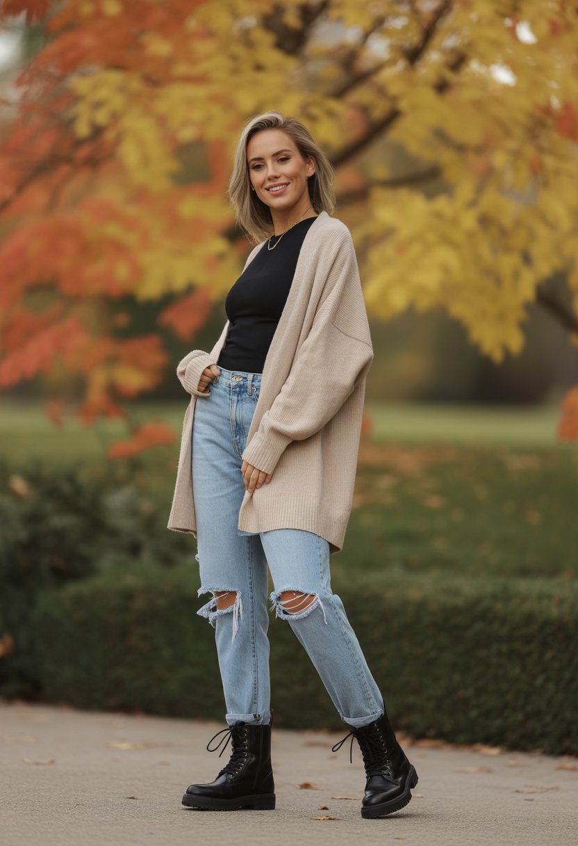 A woman standing outdoors wearing distressed jeans, an oversized cardigan, and combat boots with fall leaves in the background.