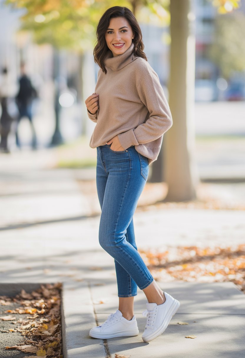 A woman standing outdoors wearing cropped jeans, a turtleneck sweater, and white sneakers on an autumn day.