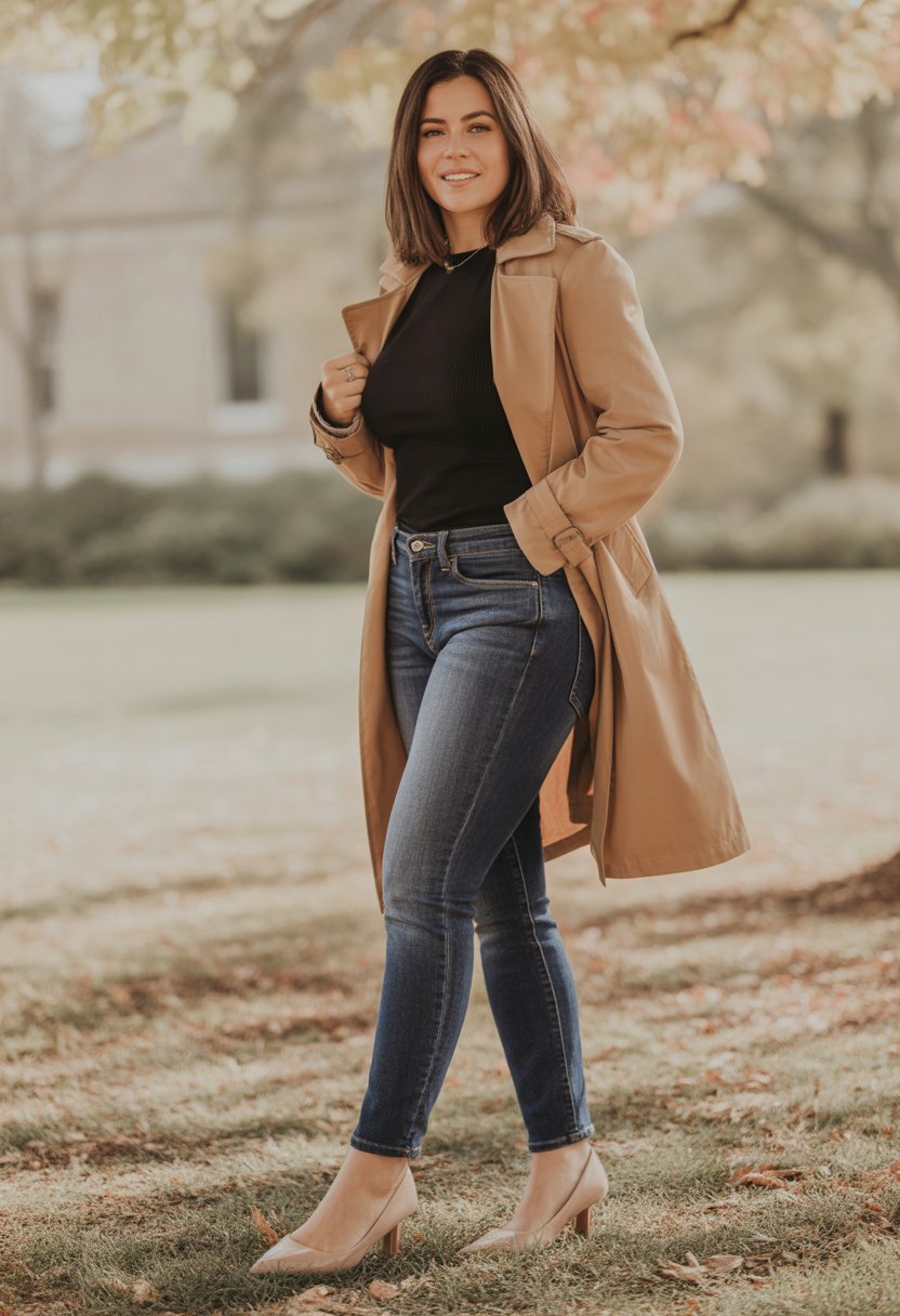 A woman standing outdoors wearing dark jeans, a camel coat, and pointed flats with autumn leaves around her.
