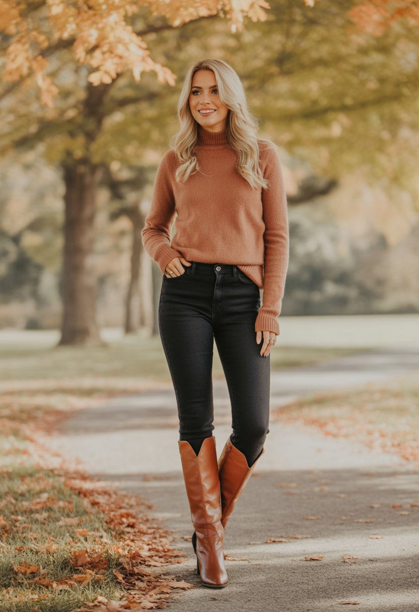 A woman standing outdoors on a tree-lined path covered with fallen leaves, wearing black jeans, a cozy sweater, and knee-high boots.