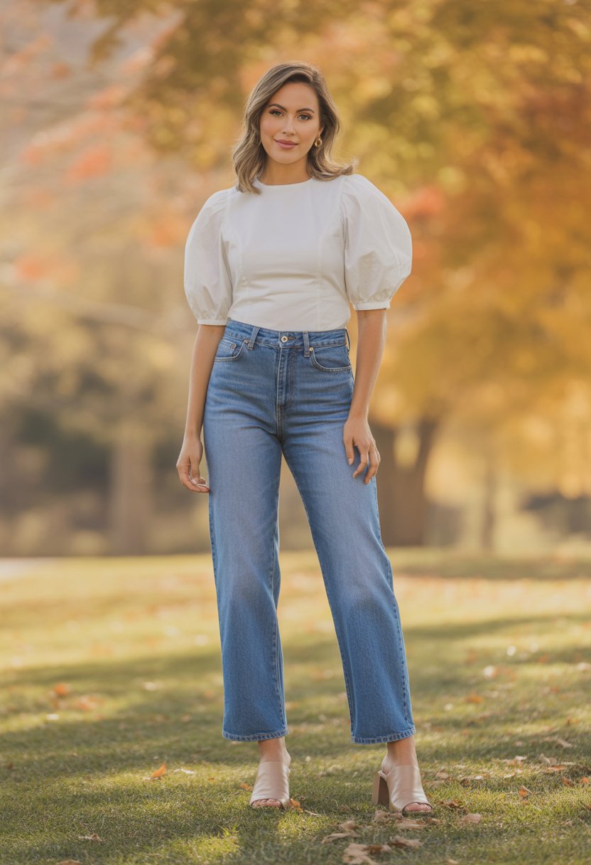 A woman standing outdoors wearing jeans, a white blouse with puff sleeves, and beige shoes, with fall leaves in the background.