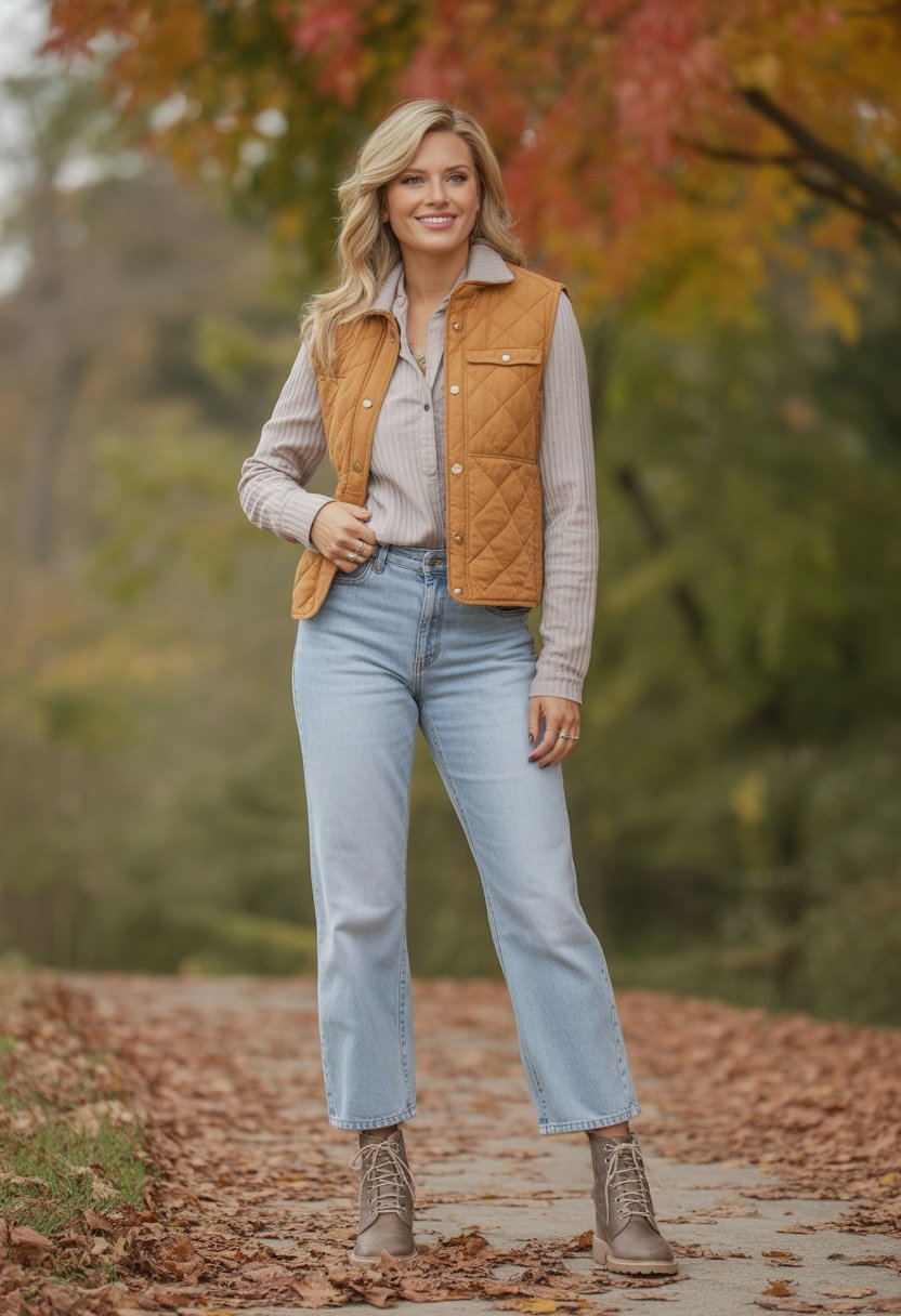 Woman standing outdoors on a leaf-covered path wearing light wash jeans, a quilted vest, and lace-up boots with fall trees in the background.