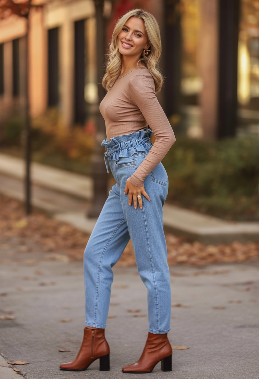 A woman standing outdoors wearing paperbag waist jeans, a fitted ribbed top, and block heel booties on a fall day.