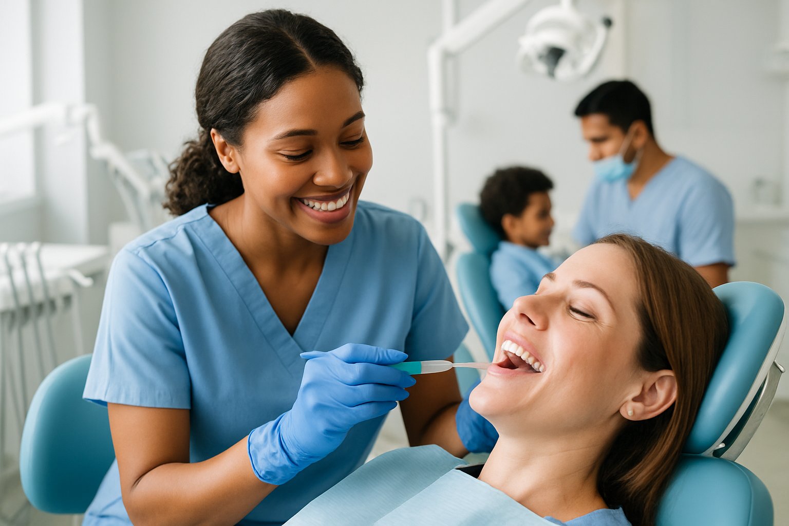 A dental hygienist cleaning a patient's teeth in a modern dental clinic with diverse patients and providers in the background.