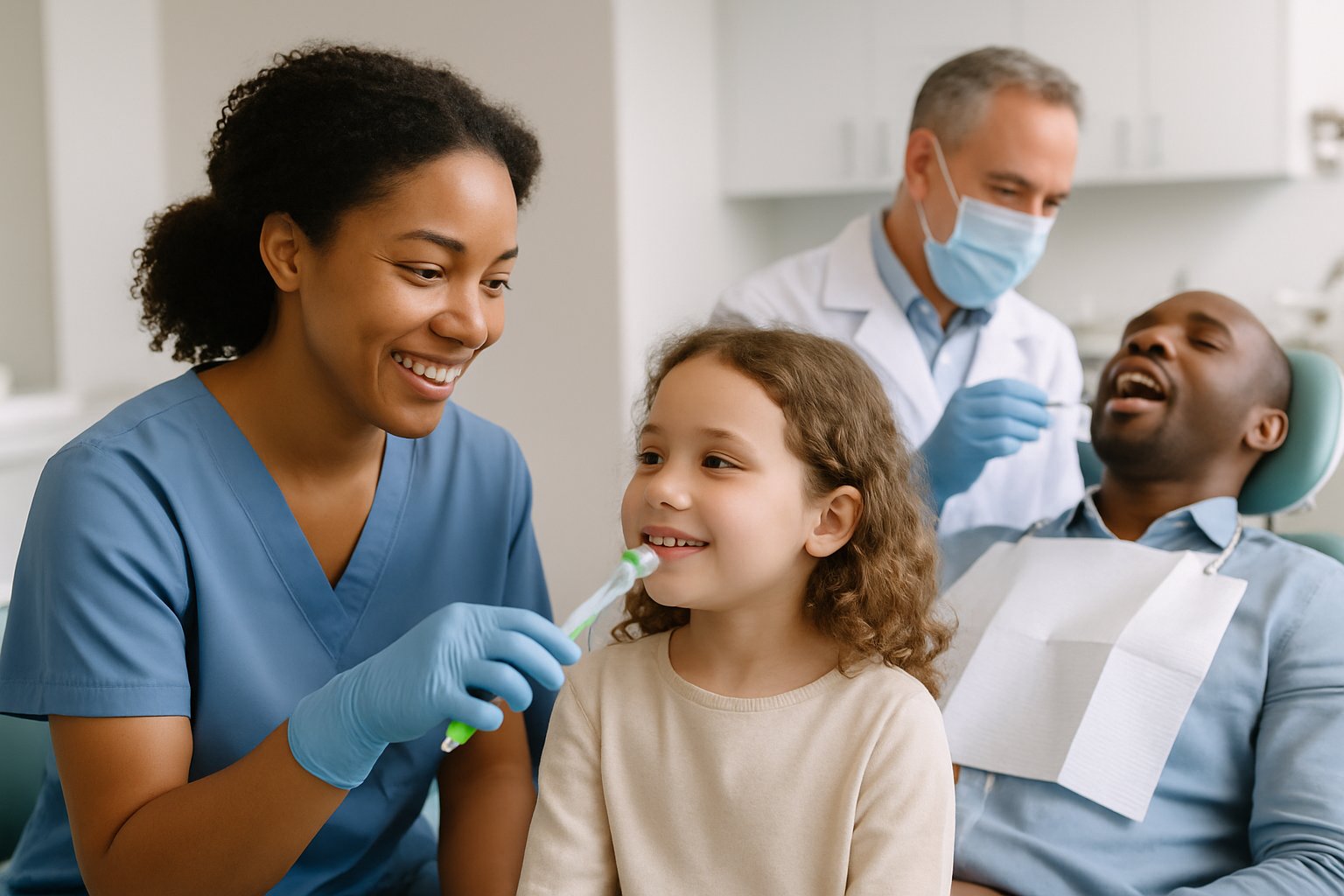 A dental professional demonstrating proper dental hygiene to a patient in a modern dental clinic with warm and attentive interaction.