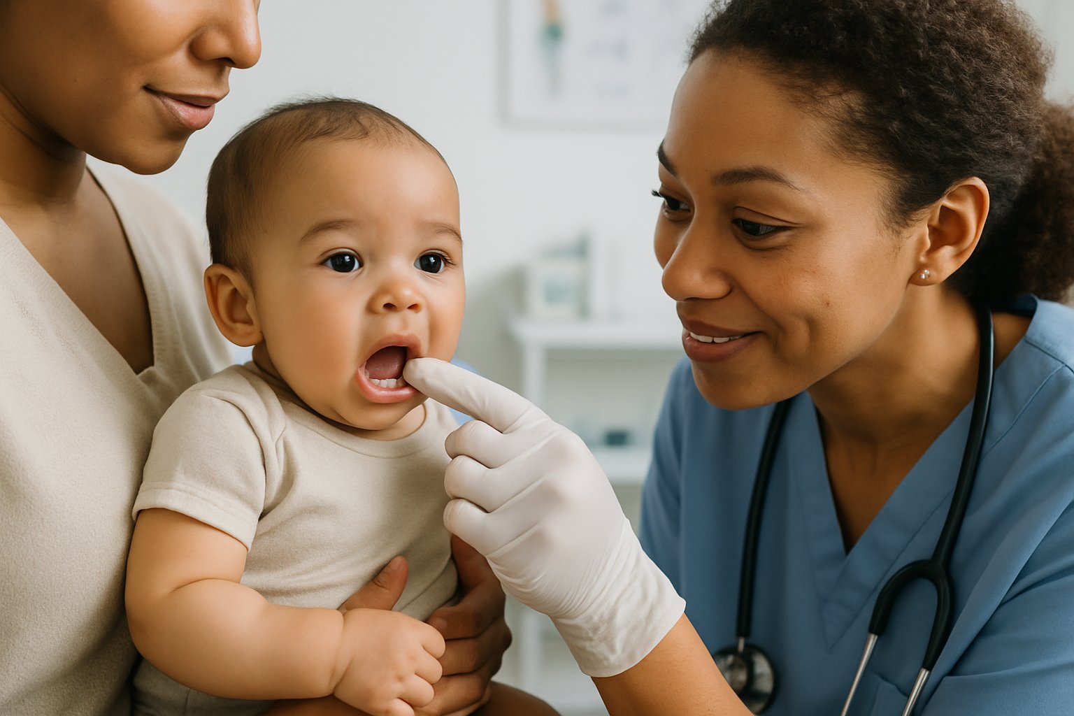 A healthcare provider gently examines a teething baby held by a caregiver in a modern clinic.