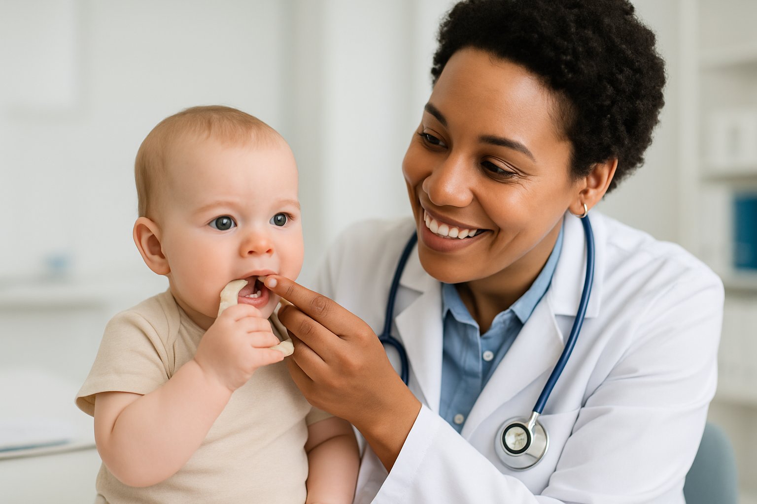 A pediatrician gently examining a teething baby in a modern clinic, with the baby chewing on a teething toy and the provider smiling warmly.