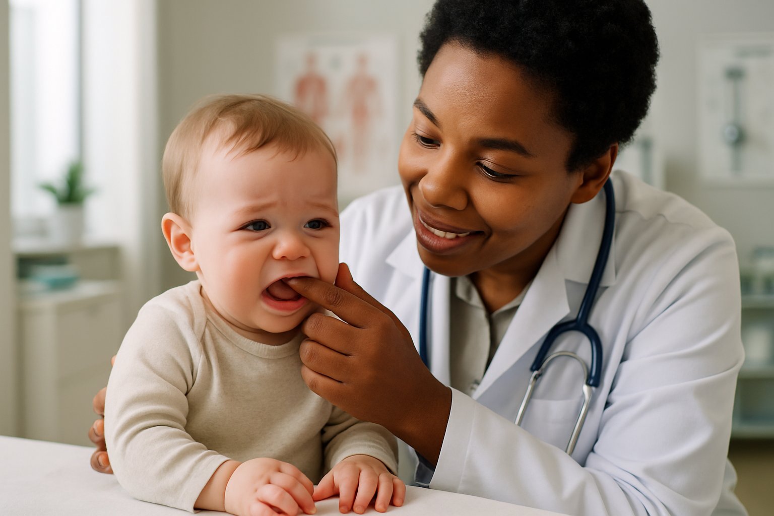 A pediatrician gently examining a baby in a modern clinic, focusing on the baby's face with a warm and caring expression.