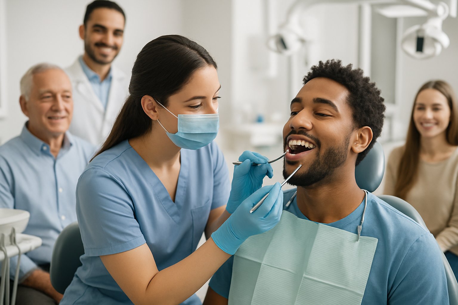 A dental hygienist examining a patient's teeth in a modern dental clinic with other diverse patients and providers present.