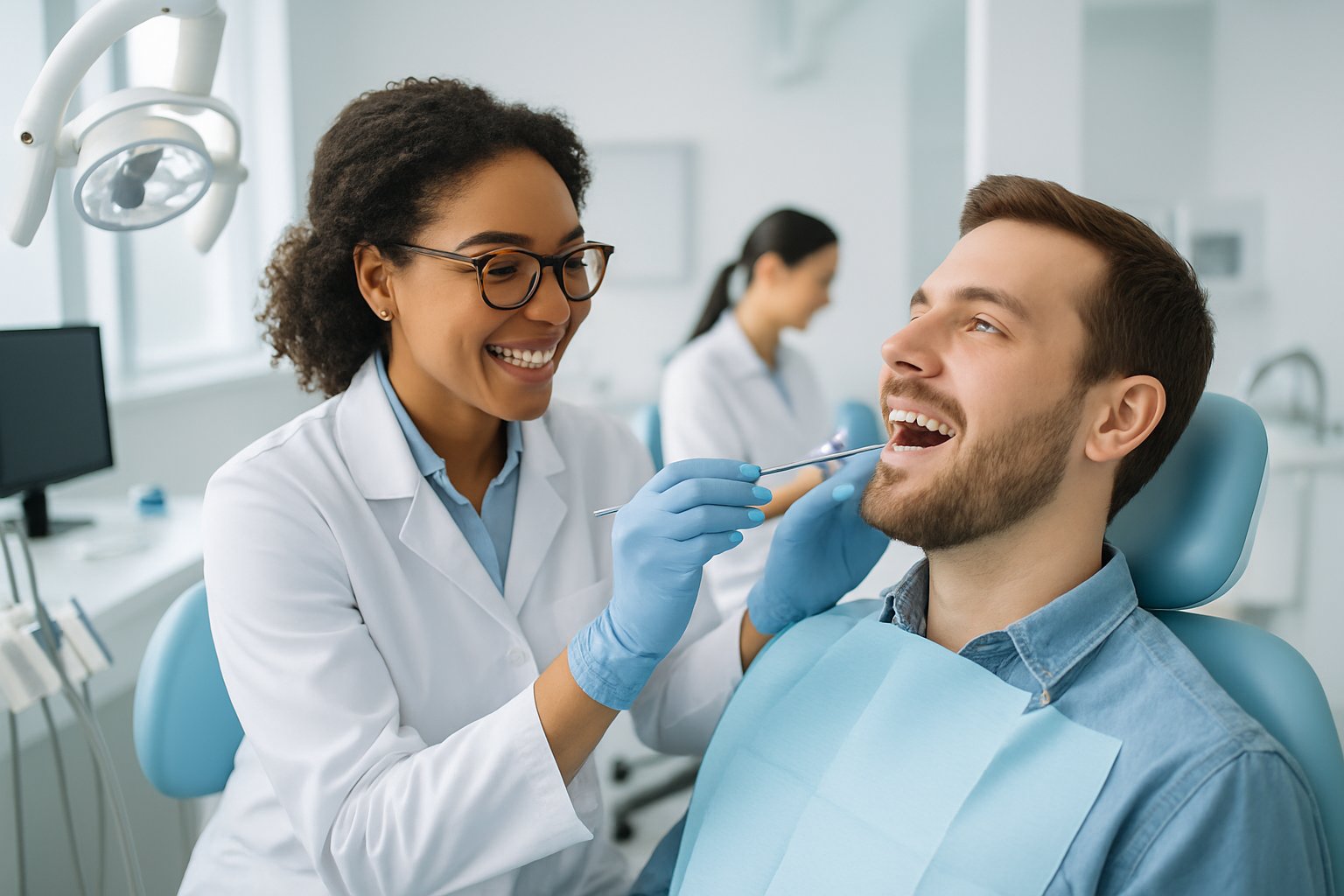 A dental hygienist examining a patient's teeth in a modern dental clinic with bright lighting and a clean background.