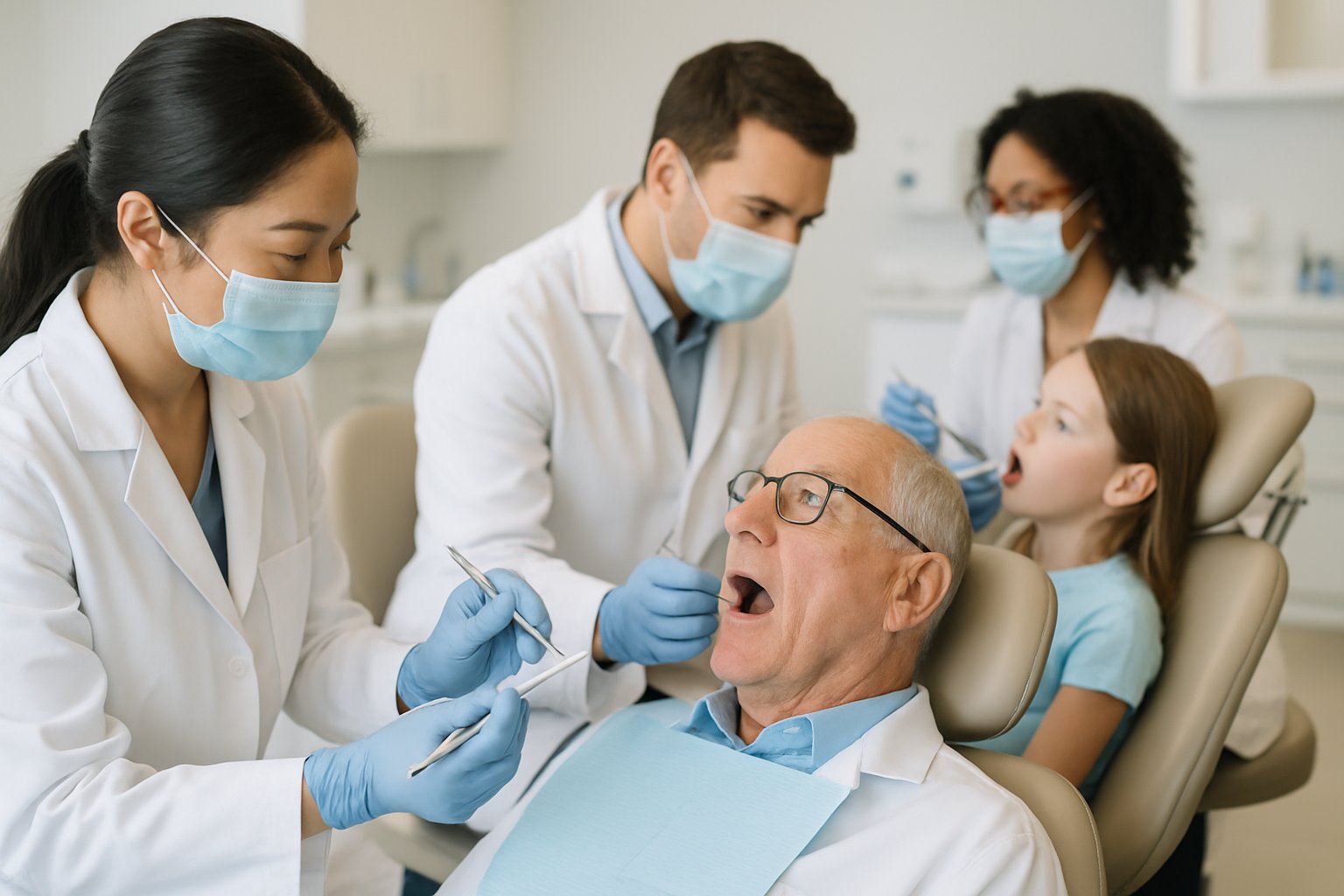 Dental hygienists examining diverse patients in a modern dental clinic during dental hygiene tests.