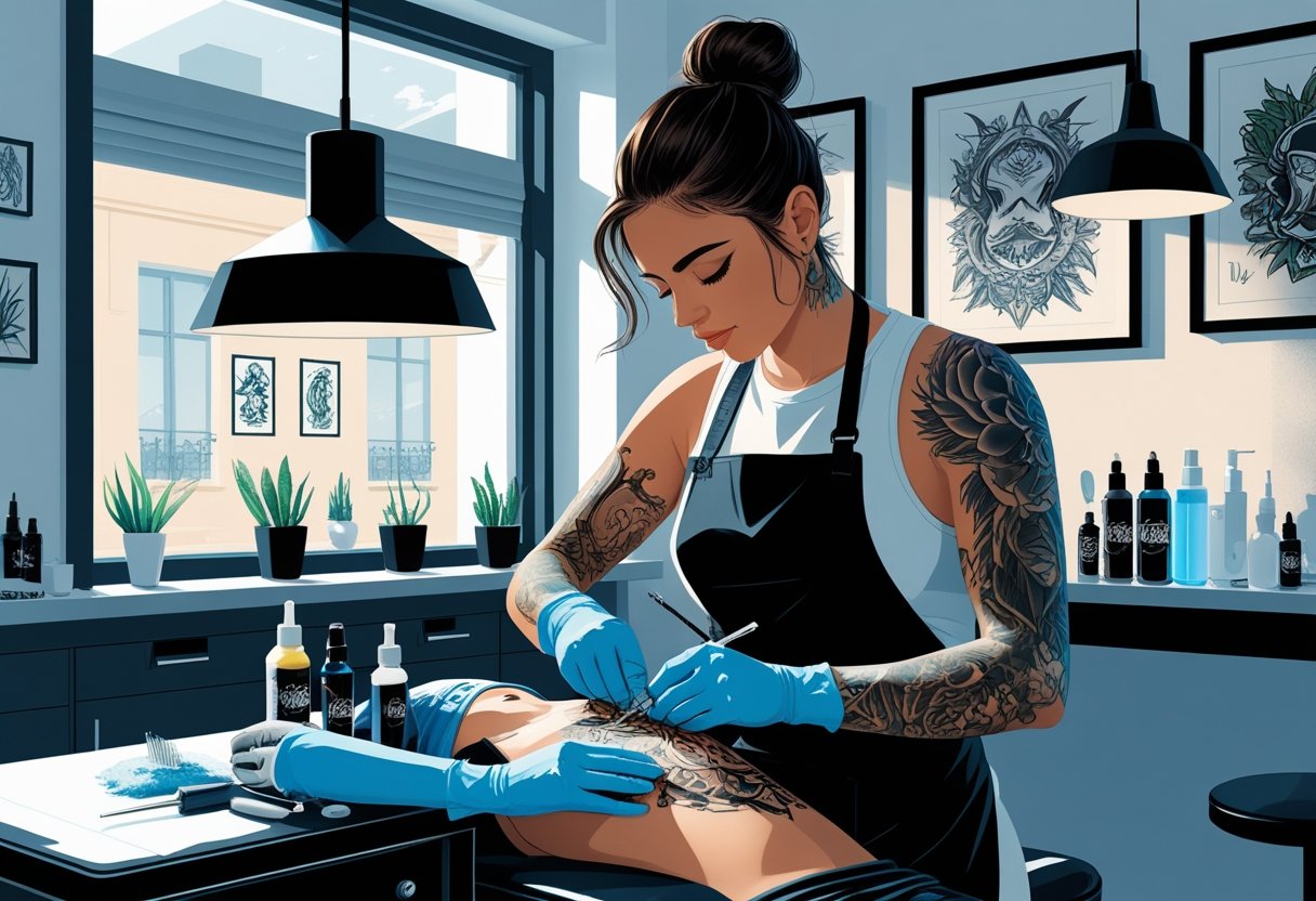 Tatuador Especialista Em Cobertura Curitiba: Transformando Tatuagens Antigas Com Técnica e Precisão Tatuador trabalhando em um estúdio de tatuagem, cobrindo uma tatuagem antiga no braço de um cliente.