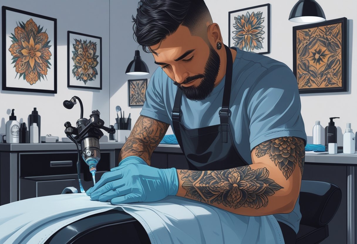 Tatuador Especialista Em Cobertura Curitiba: Transformando Tatuagens Antigas Com Técnica e Precisão Um tatuador especializado cobrindo uma cicatriz no braço de um cliente com uma tatuagem detalhada em um estúdio de tatuagem moderno.