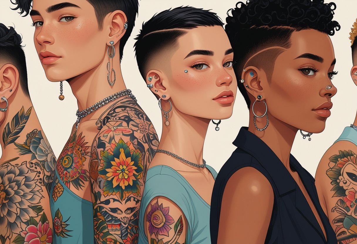 Tatuagens e Body Piercing: Estilo, Significado e Cuidados Essenciais Pessoas com diferentes tatuagens coloridas e piercings em várias partes do corpo, mostrando diversidade e estilos variados.