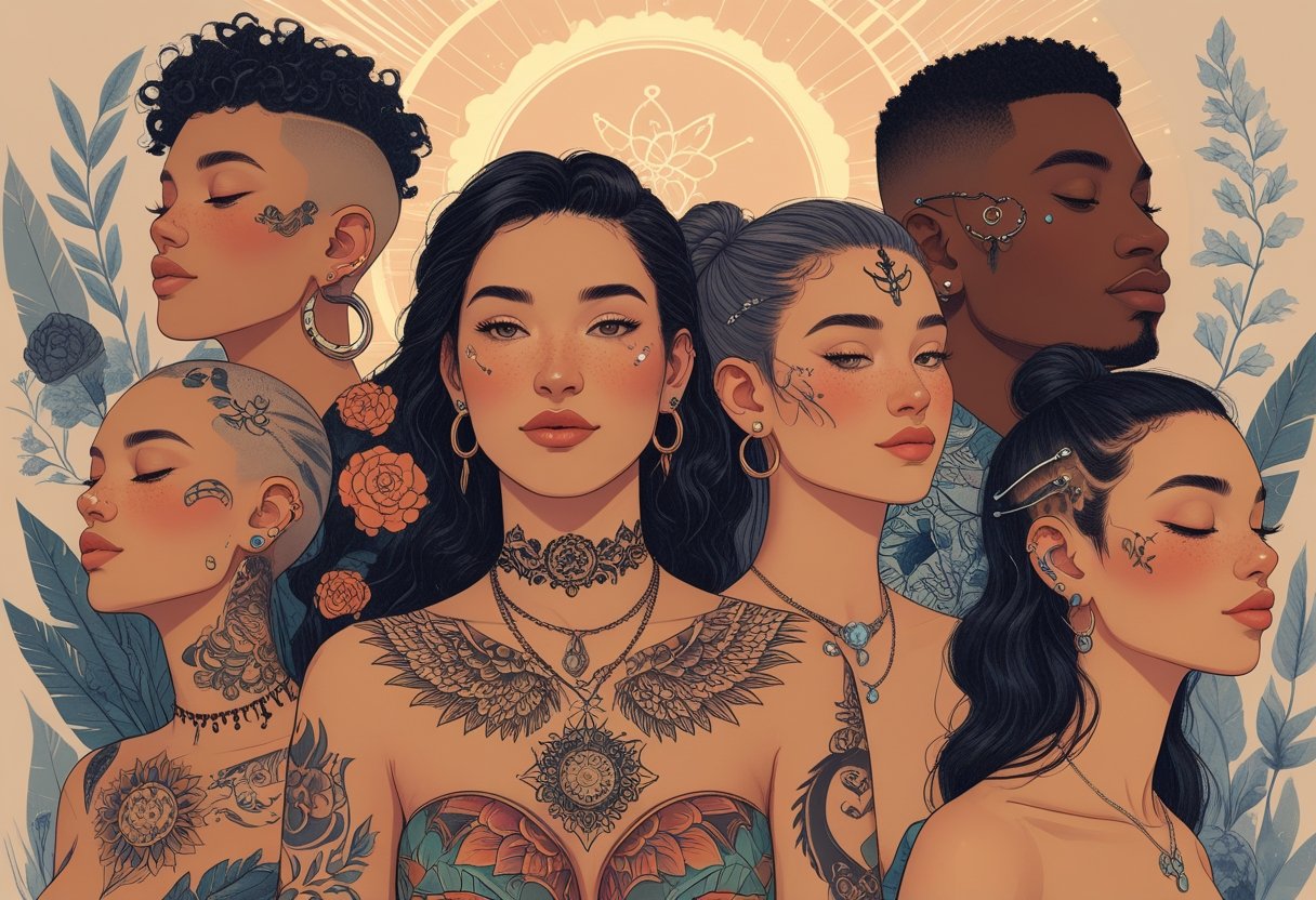 Tatuagens e Body Piercing: Estilo, Significado e Cuidados Essenciais Pessoas diversas exibindo tatuagens e piercings em diferentes partes do corpo, em uma cena que representa expressão pessoal e significado cultural.