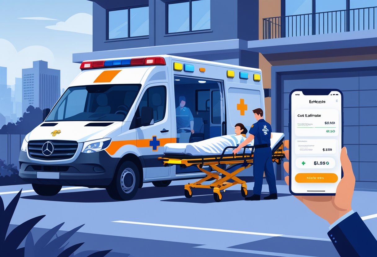 Uma ambulância particular estacionada em frente a um prédio residencial, com um paramédico ajudando um paciente em uma maca a entrar na ambulância, enquanto uma pessoa segura um celular mostrando uma estimativa de custo.