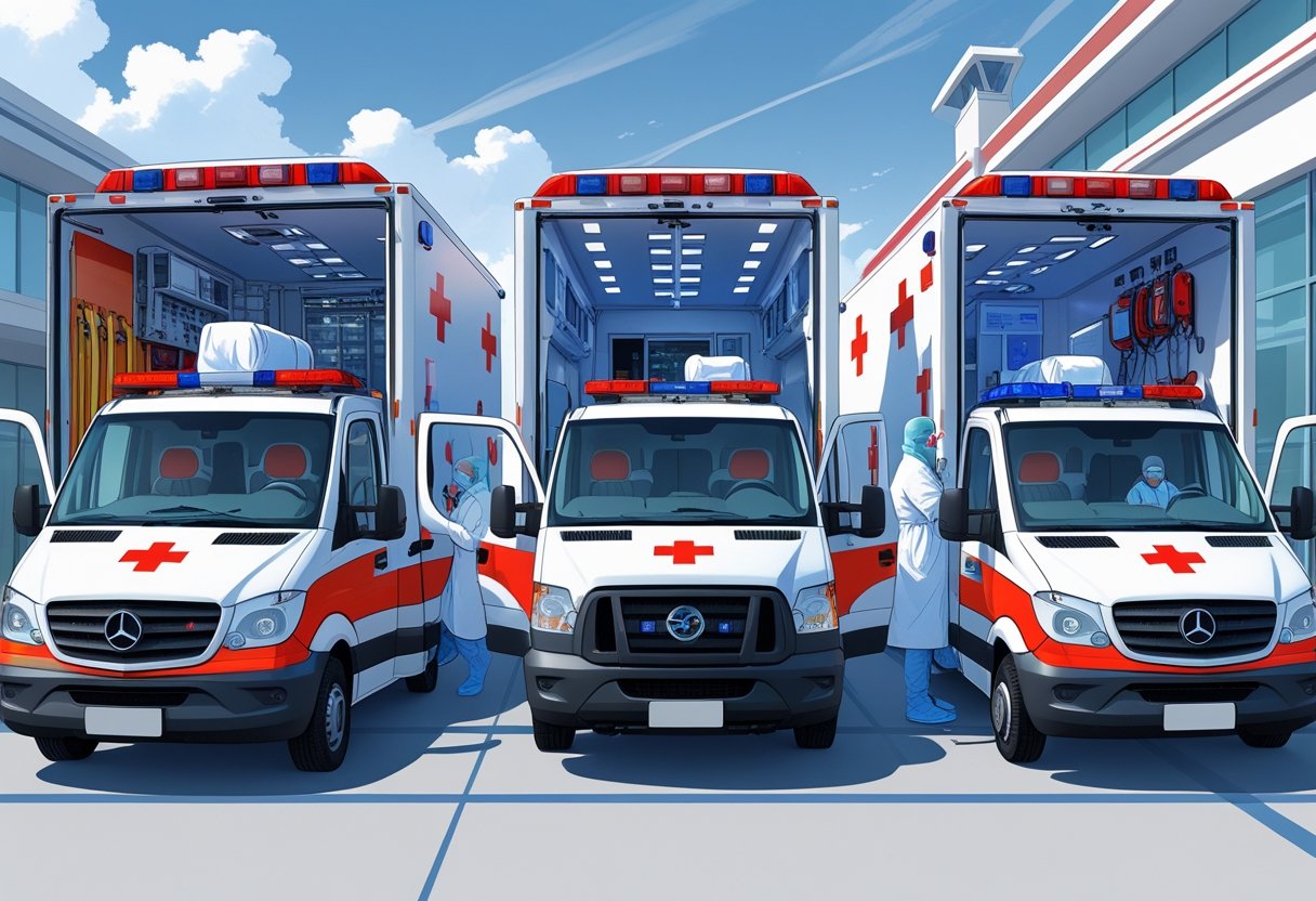 Três tipos diferentes de ambulâncias particulares alinhadas, cada uma mostrando equipamentos médicos específicos e profissionais de saúde em ação.