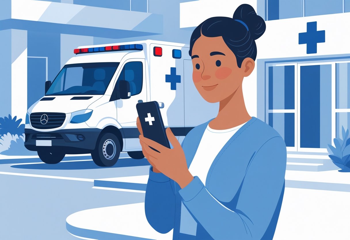 Pessoa usando um smartphone para chamar uma ambulância pelo convênio, com uma ambulância estacionada ao fundo.