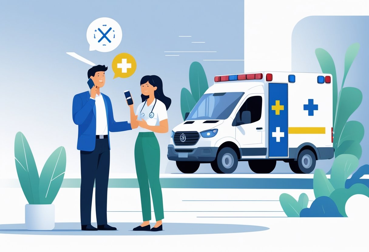 Pessoa fazendo uma ligação para chamar uma ambulância, com um profissional de saúde ao lado e uma ambulância estacionada ao fundo.
