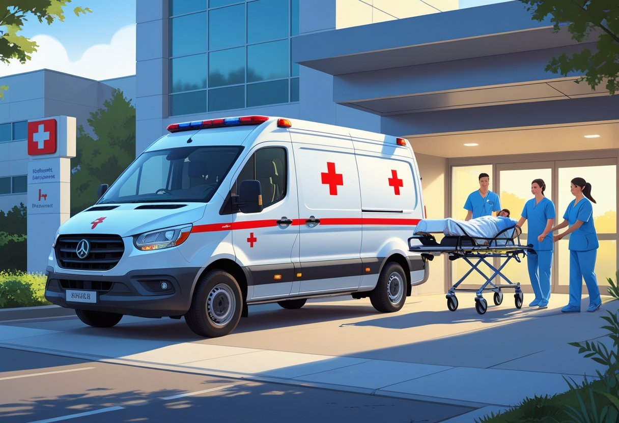 Qual É o Preço de Uma Ambulância Simples de Remoção e Fatores Que Influenciam o Valor Uma ambulância simples de remoção estacionada na entrada de um hospital, com profissionais de saúde ajudando um paciente a entrar na ambulância.