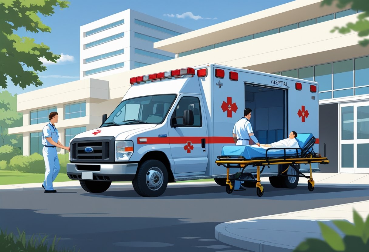 Qual É o Preço de Uma Ambulância Simples de Remoção e Fatores Que Influenciam o Valor Uma ambulância simples de remoção estacionada na entrada de um hospital, com um paramédico ajudando um paciente em uma maca a entrar na ambulância.