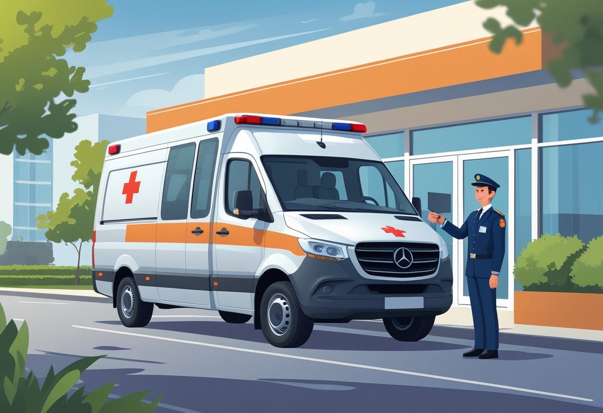 Tem Como Alugar Uma Ambulância Guia Completo de Opções e Procedimentos Uma ambulância moderna estacionada em frente a um prédio de aluguel, com um profissional entregando as chaves para um cliente.