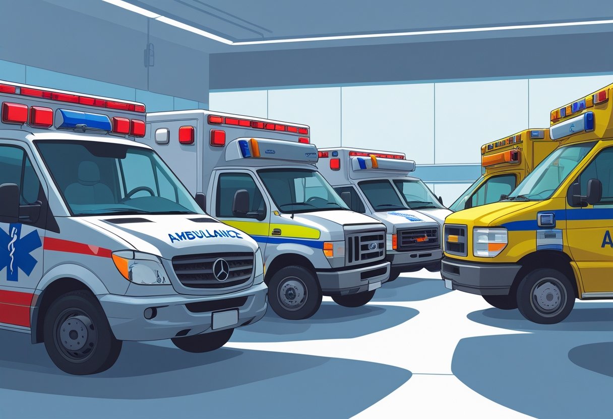 Qual O Valor De Uma Ambulância Completa E Fatores Que Influenciam O Preço Vários tipos de ambulâncias alinhadas, cada uma com equipamentos médicos específicos, em um ambiente de base médica.