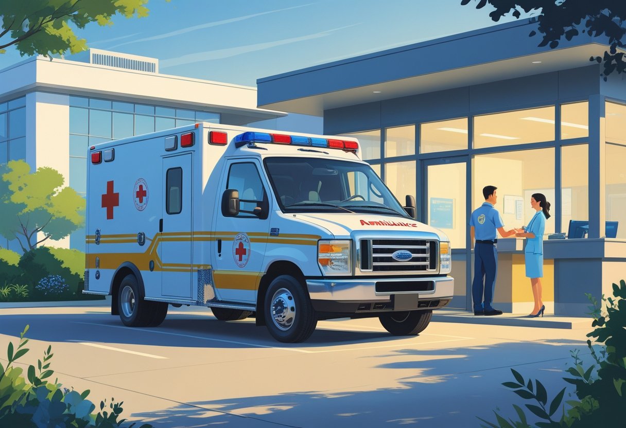 Ambulância particular estacionada em frente a um hospital, com um paramédico ao lado e pessoas conversando com um profissional de saúde na recepção.