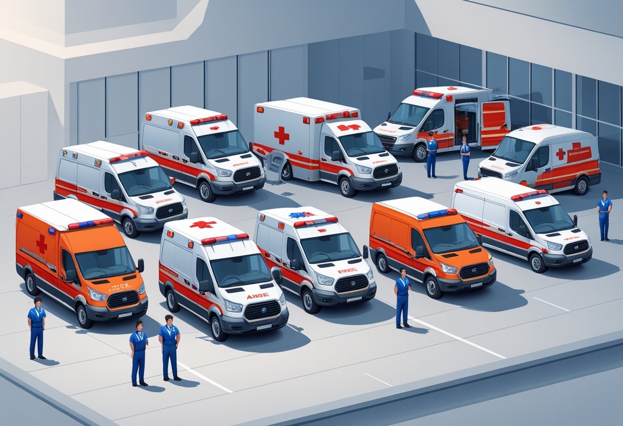 Vários tipos de ambulâncias particulares alinhadas com profissionais de saúde ao redor, em frente a um hospital.