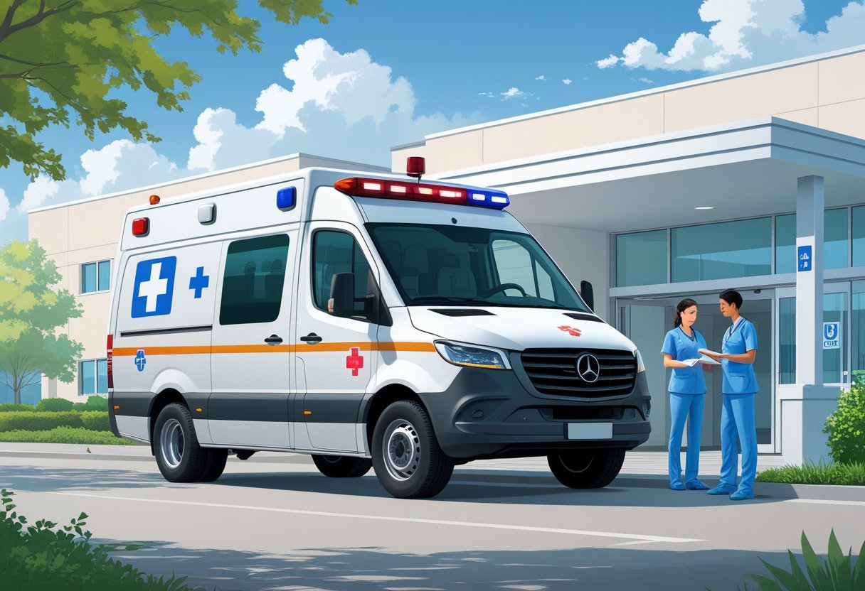 Ambulância estacionada em frente a um hospital com um profissional de saúde conversando com um cliente.
