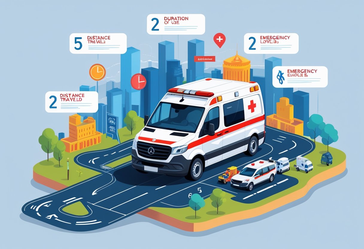 Ilustração de uma ambulância cercada por elementos que representam fatores que influenciam o preço do aluguel, como distância, tempo de uso, nível de emergência e serviços adicionais.
