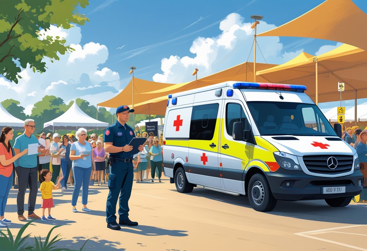 Ambulância estacionada próxima a um evento ao ar livre com pessoas diversas e um paramédico conversando com a equipe de organização, mostrando preparação para emergências.