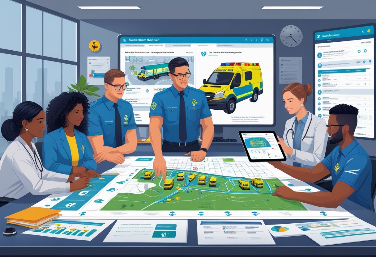 Equipe de profissionais planejando o risco e o pedido de ambulância para um evento, com mapas e documentos sobre a mesa.