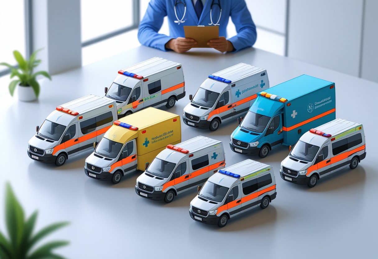 Vários tipos de ambulâncias alinhadas com um profissional de saúde avaliando as opções em um ambiente hospitalar.