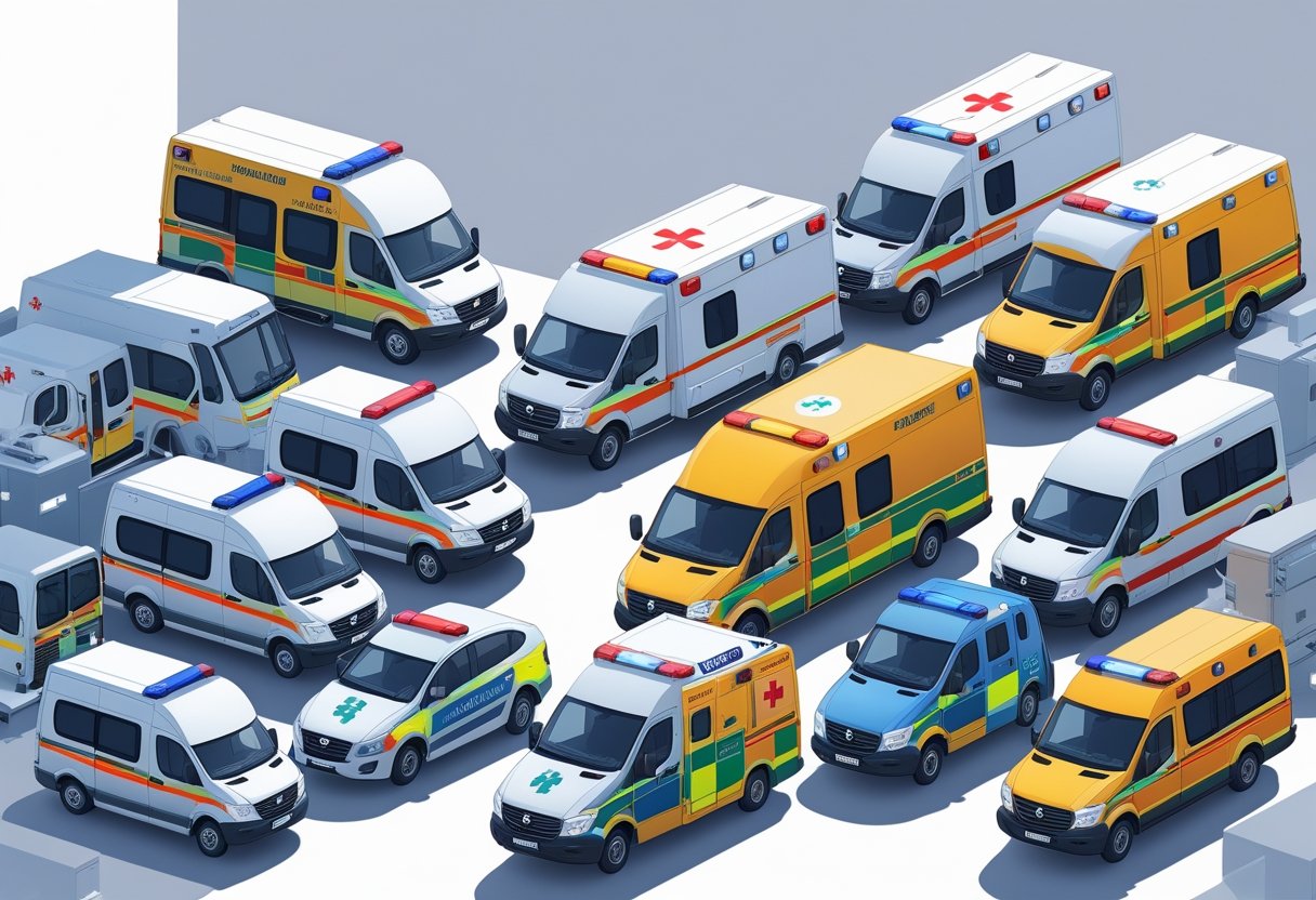 Várias ambulâncias oficiais de diferentes tipos alinhadas lado a lado, mostrando suas características distintas e equipamentos médicos.