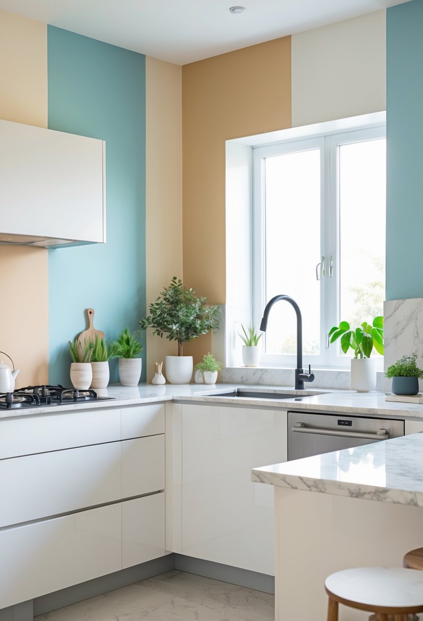 Kitchen Wall Color Combinations: Stylish Ideas for a Fresh Look 2 A modern kitchen with walls painted in pastel blue, beige, and white, featuring white and wood cabinets, stainless steel appliances, and natural light coming through windows.