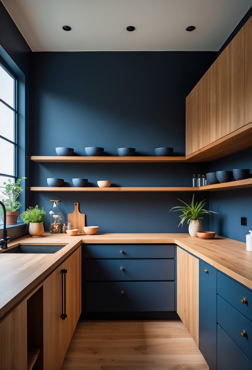 Kitchen Wall Color Combinations: Stylish Ideas for a Fresh Look 4 A kitchen with navy blue walls and warm wooden cabinets, countertop, and flooring, illuminated by natural light.
