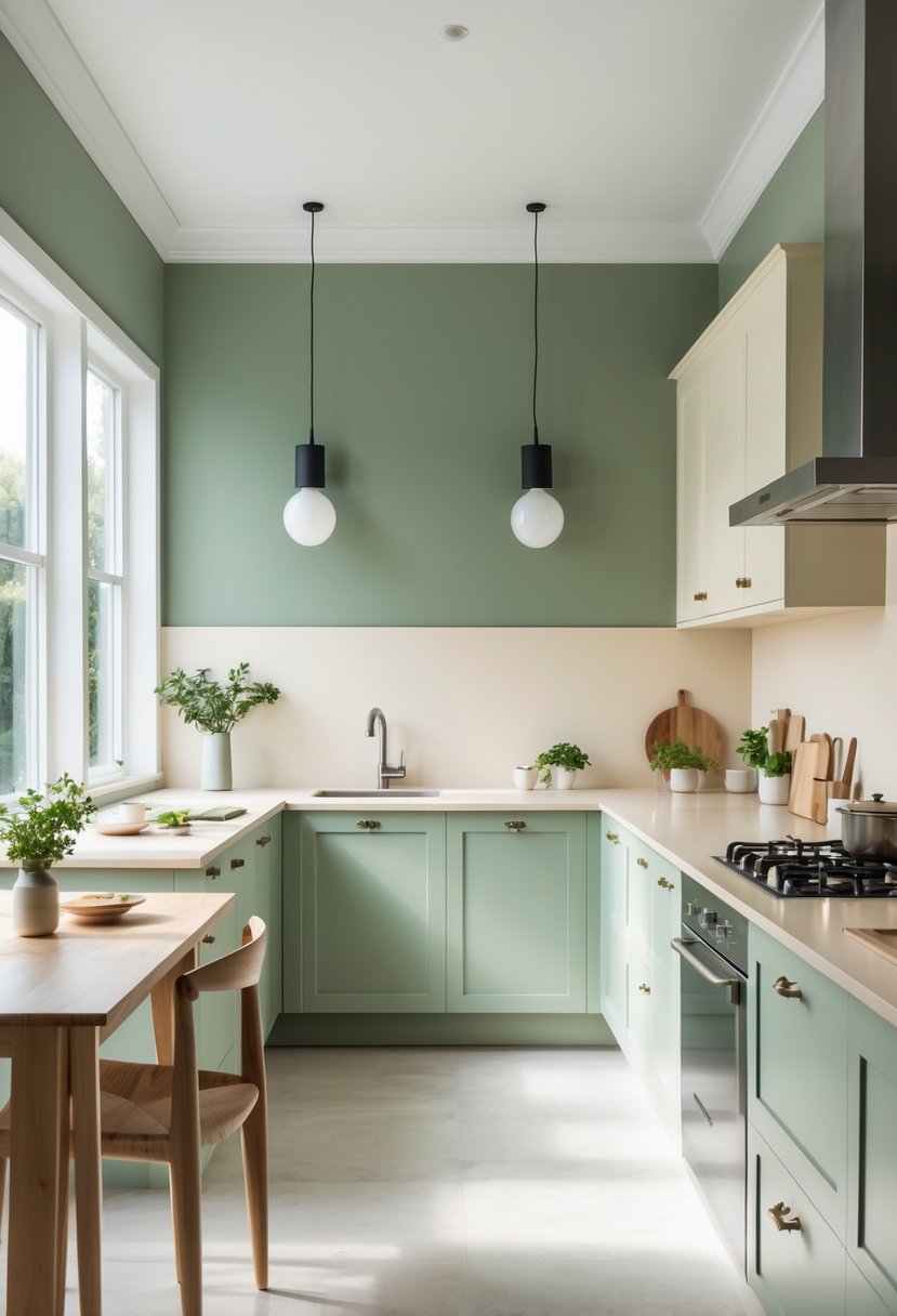 Kitchen Wall Color Combinations: Stylish Ideas for a Fresh Look 5 A bright kitchen with sage green walls and cream cabinets, featuring a wooden dining table and stainless steel appliances.