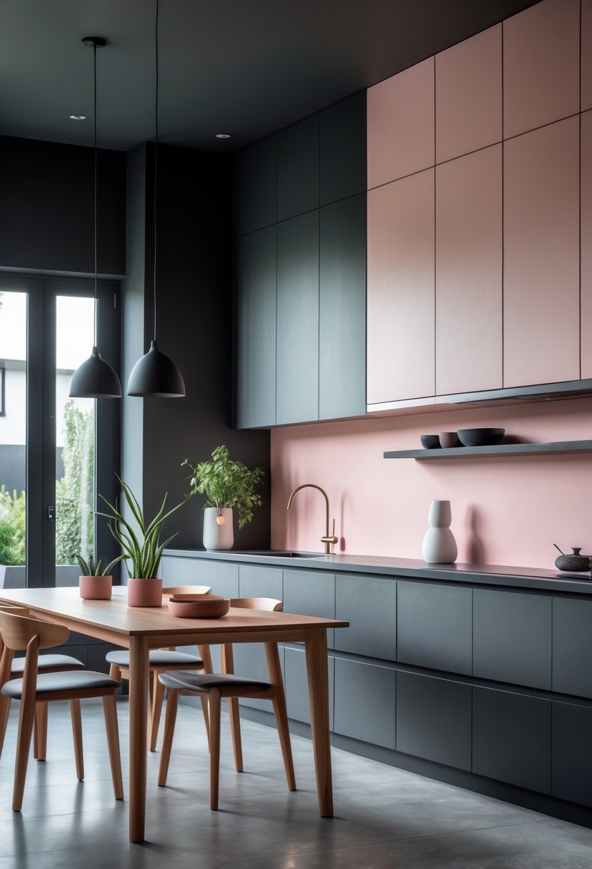 Kitchen Wall Color Combinations: Stylish Ideas for a Fresh Look 6 A kitchen with charcoal and pale pink walls, featuring modern cabinets, a wooden dining table, and natural light coming through large windows.
