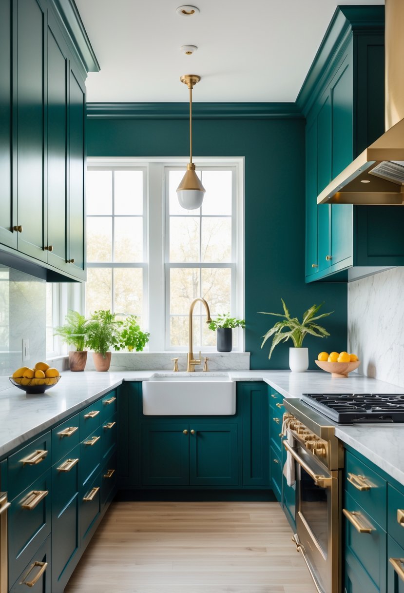 Kitchen Wall Color Combinations: Stylish Ideas for a Fresh Look 7 A kitchen with deep teal walls, brass fixtures, white marble countertops, and wooden flooring.