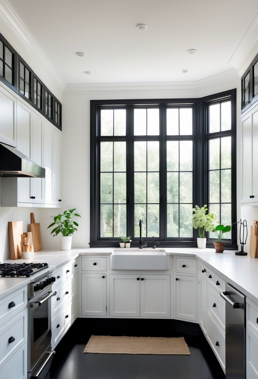 Kitchen Wall Color Combinations: Stylish Ideas for a Fresh Look 9 A bright kitchen with white walls and black trim around windows and baseboards, featuring white cabinets and stainless steel appliances.