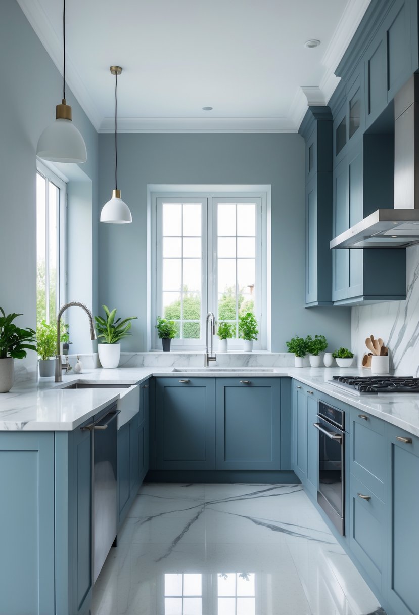 Kitchen Wall Color Combinations: Stylish Ideas for a Fresh Look 10 A modern kitchen with dusty blue cabinets and light gray walls, featuring a white marble countertop, stainless steel appliances, and natural light.