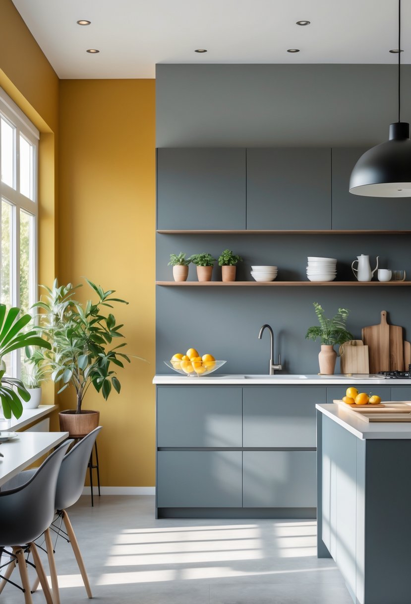 Kitchen Wall Color Combinations: Stylish Ideas for a Fresh Look 11 A kitchen interior with mustard yellow and slate gray walls, modern cabinets, stainless steel appliances, and natural light.