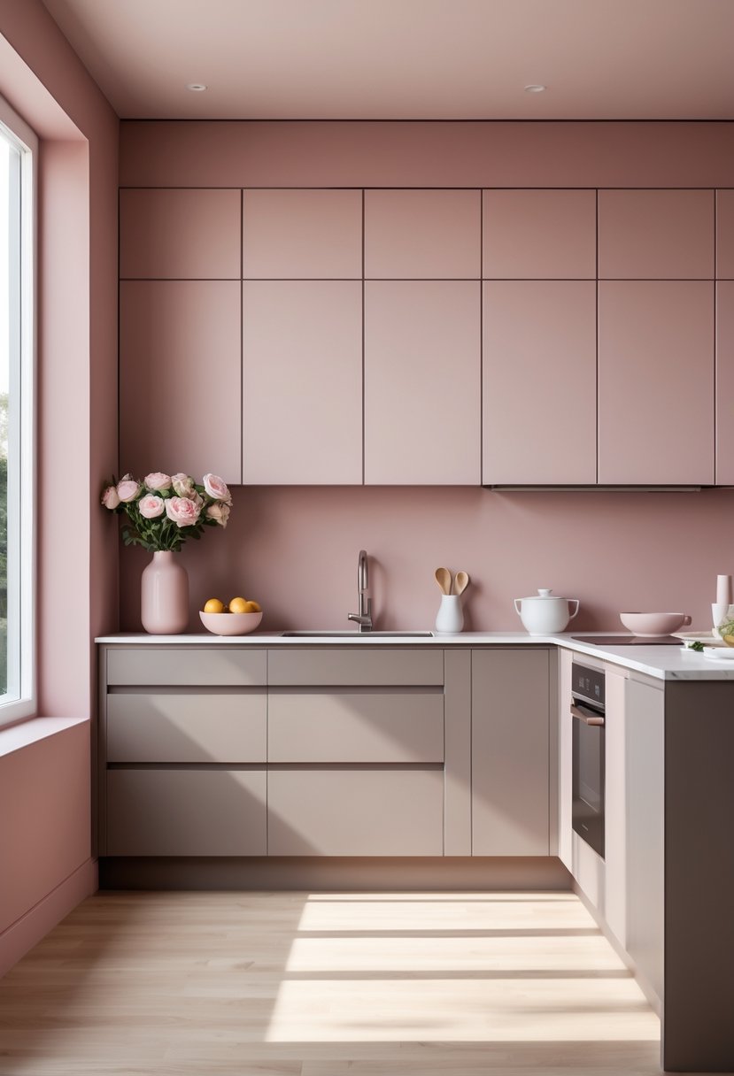 Kitchen Wall Color Combinations: Stylish Ideas for a Fresh Look 12 A modern kitchen with blush pink and soft taupe colored walls, light wood flooring, and minimalist decor including flowers and kitchenware.